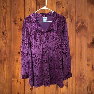 Collections Etc Women's XXL Long Sleeve Velvet Burnout Button Front Blouse VTG